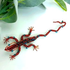 Handmade Copper Wire Lizard Gecko Pin Brooch With Beads